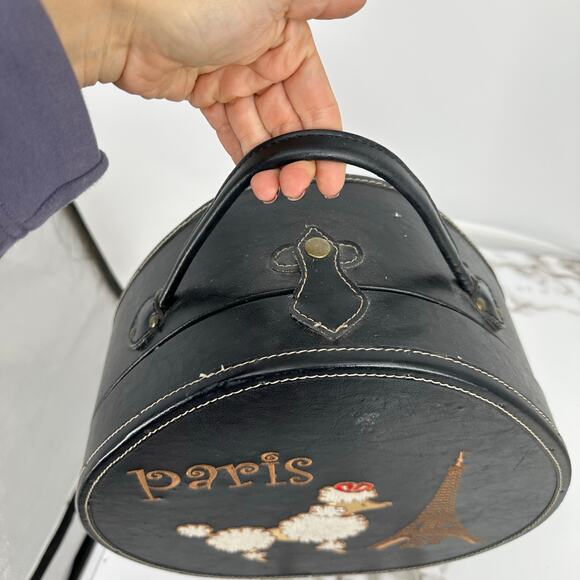 Vintage Paris Poodle Eiffel Tower Black Leather Embroider Hatbox Large Purse Bag - Picture 2 of 8
